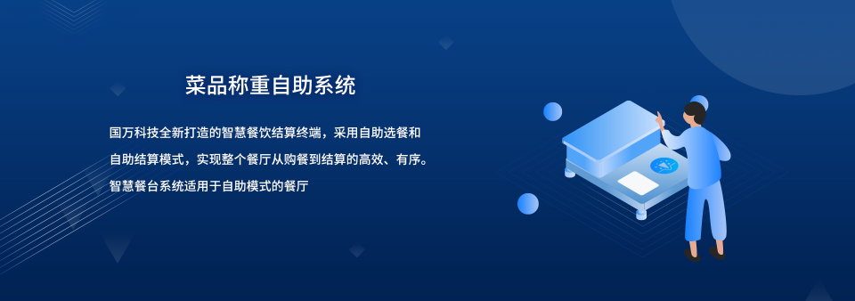 國(guó)萬(wàn)智慧食堂自助餐智能菜品稱(chēng)重系統(tǒng)來(lái)襲啦，就餐人員關(guān)注公眾號(hào)后進(jìn)行自助充值，取餐盤(pán)進(jìn)行信息綁定；取餐時(shí)自行夾菜，菜品稱(chēng)重機(jī)無(wú)感自動(dòng)稱(chēng)重，系統(tǒng)自動(dòng)結(jié)算。